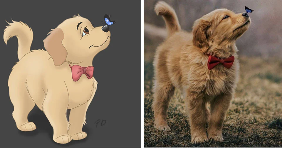 Fotos de mascotas Cachorro y mariposa