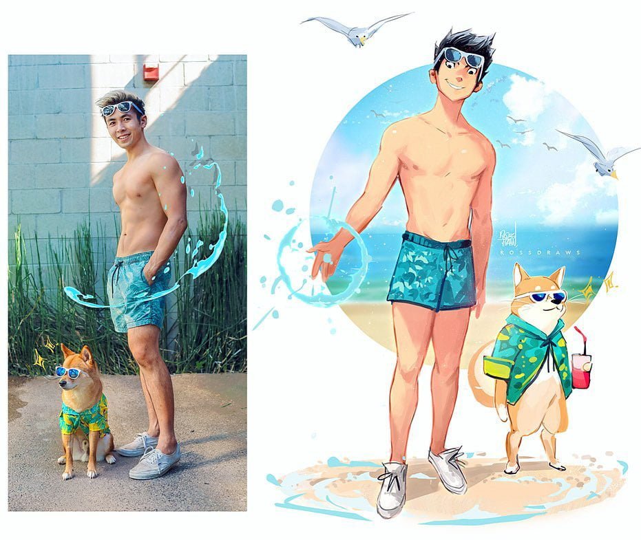 Artista estadounidense convierte fotografías de él y su perro en adorables ilustraciones 3 Joven y su mascota en la playa