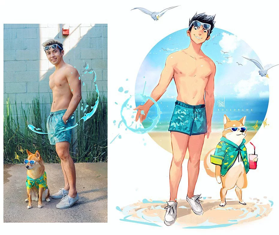 Artista estadounidense convierte fotografías de él y su perro en adorables ilustraciones 3 Joven y su mascota en la playa
