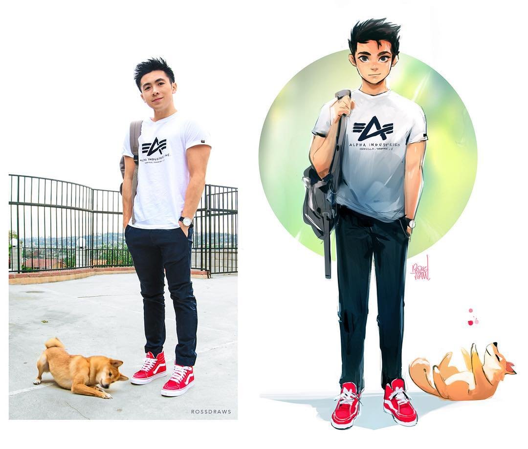 Artista estadounidense convierte fotografías de él y su perro en adorables ilustraciones 2 Joven y su mascota