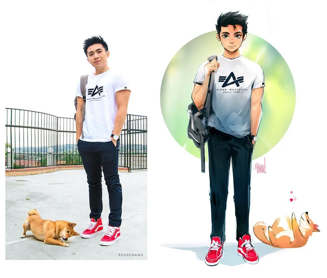 Artista estadounidense convierte fotografías de él y su perro en adorables ilustraciones 2 Joven y su mascota
