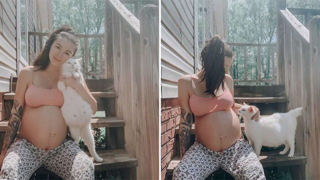 Mujer y una gata sin hogar embarazada