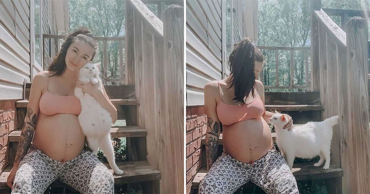 Mujer y una gata sin hogar embarazada
