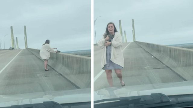 Mujer ve a alguien diminuto al borde de un puente y entra en acción