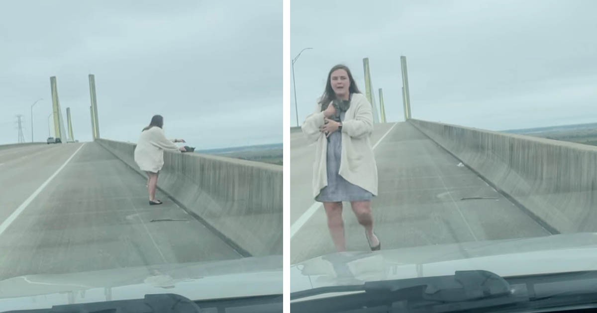 Mujer ve a alguien diminuto al borde de un puente y entra en acción