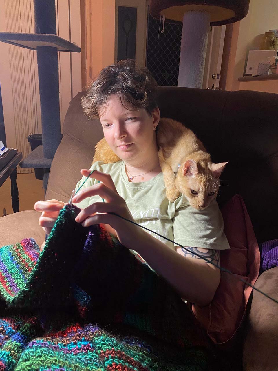 Gato de 14 años está tan feliz de recibir cariño de nuevo que se convierte en un gato mimado 5 Gato de 14 años sobre los hombros de su madre adoptiva