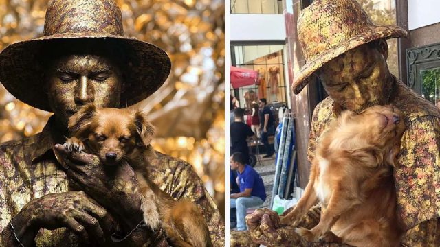 Perrita acompaña a papá en su rutina como artista callejero