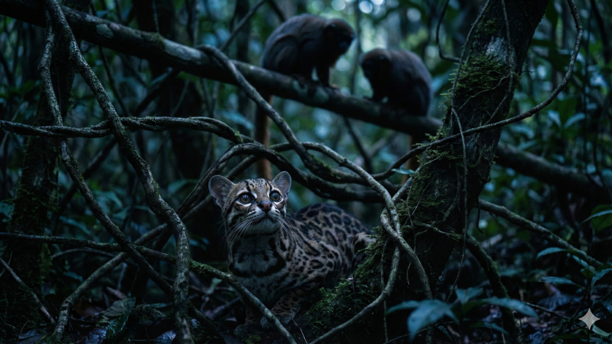 Margay imitador Leopardus wiedii acechanso a un grupo de monos tití