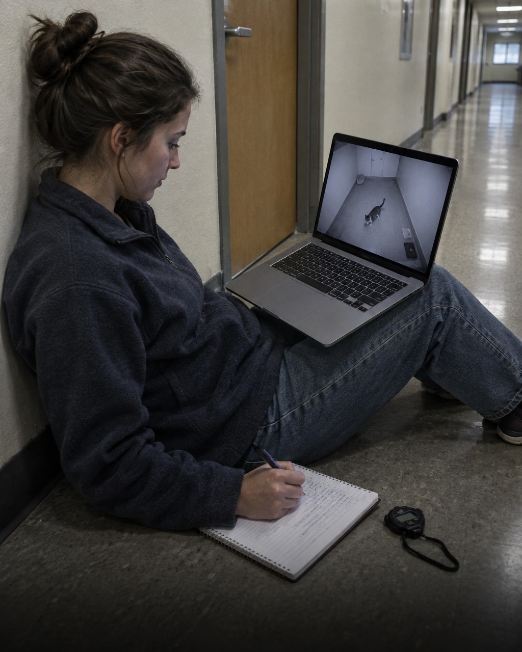 Qué hace un gato cuando su persona sale del cuarto y vuelve dos minutos después 4 Investigadora sentada en un pasillo universitario con una laptop, observando el video de una sala con un gato
