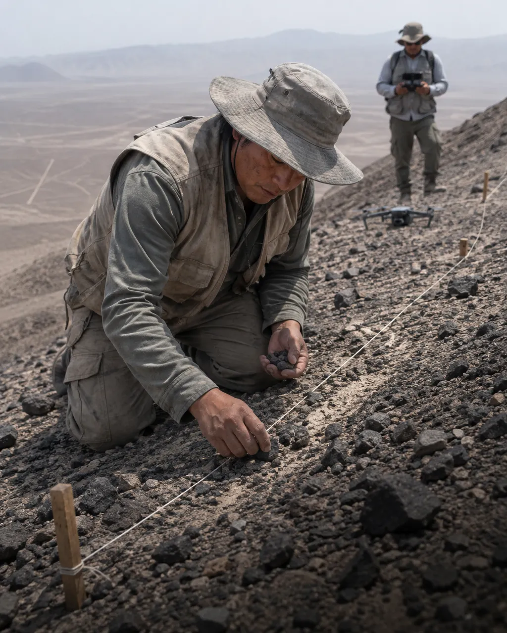 Un gato de 37 metros apareció en Nazca en 2020 y no lo trazaron los nazcas 3 Arqueólogo con sombrero de ala ancha, arrodillado en una ladera pedregosa del desierto, levanta piedras oscuras junto a una línea clara marcada con cuerda y estacas