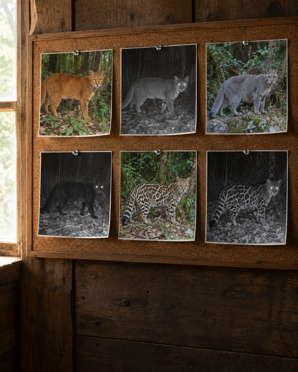 Tablero de corcho en la pared de tablones de una estación de investigación de madera, con seis fotos impresas de cámara trampa de un gato dorado asiático, cada una con un pelaje distinto, sujetas con chinchetas en dos filas