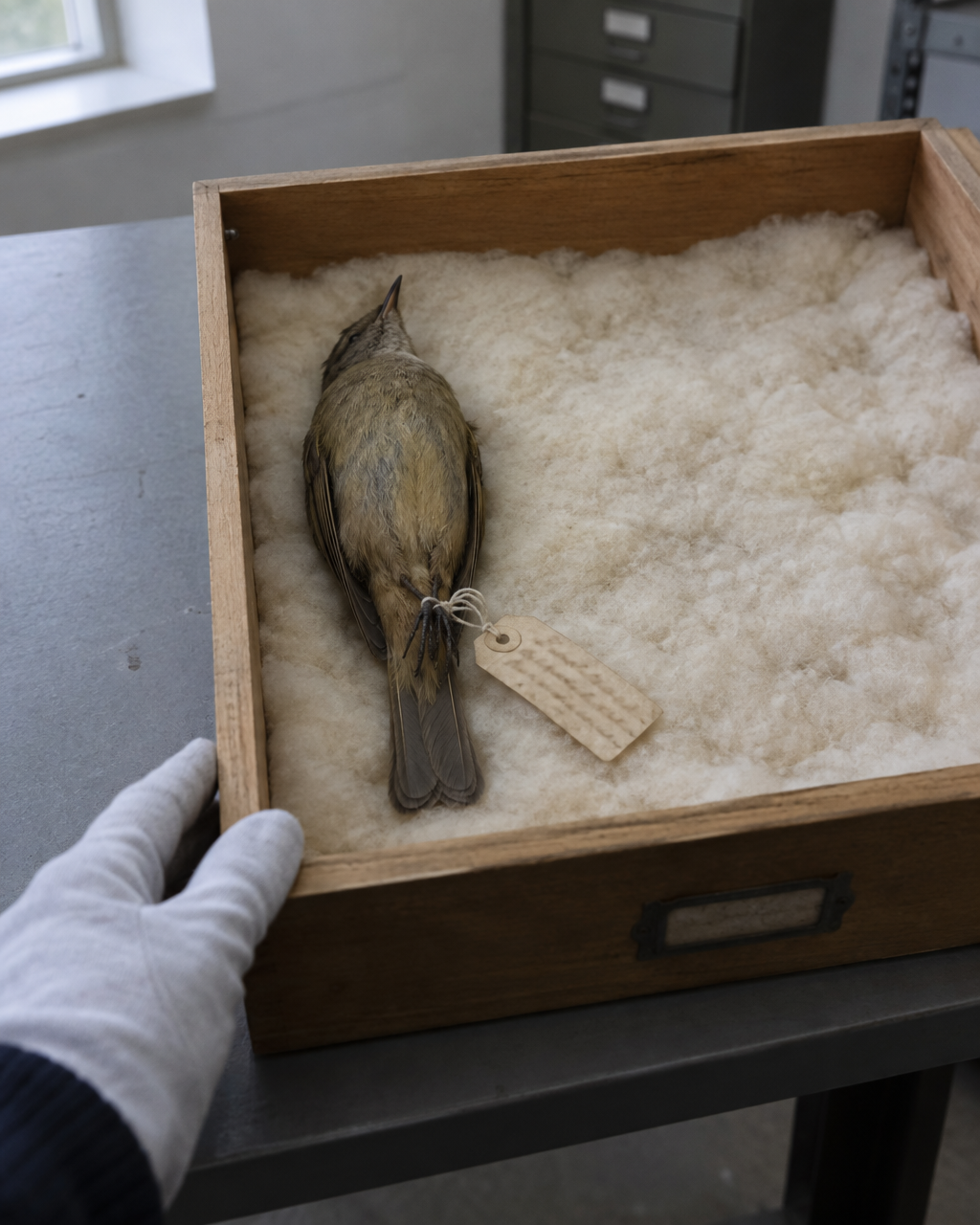 Cajón de museo abierto con una sola ave taxidermiada de color pardo oliva, tendida sobre algodón amarillento, con una etiqueta de papel atada a la pata
