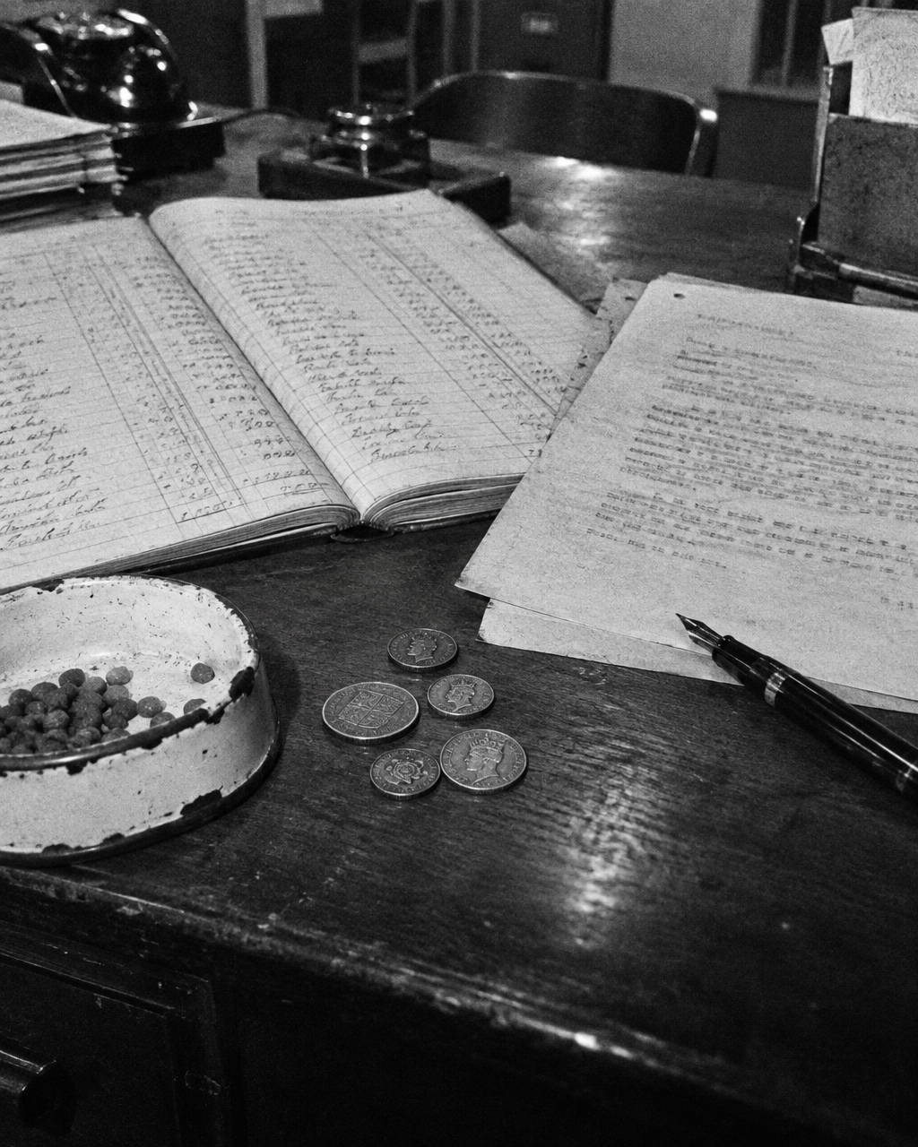 Fotografía granulada en blanco y negro de un escritorio de madera en una oficina pública británica con un libro de cuentas abierto con columnas manuscritas, un memorando mecanografiado, varias monedas británicas antiguas y gastadas, un pequeño plato de esmalte descascarado para gato y una pluma estilográfica.