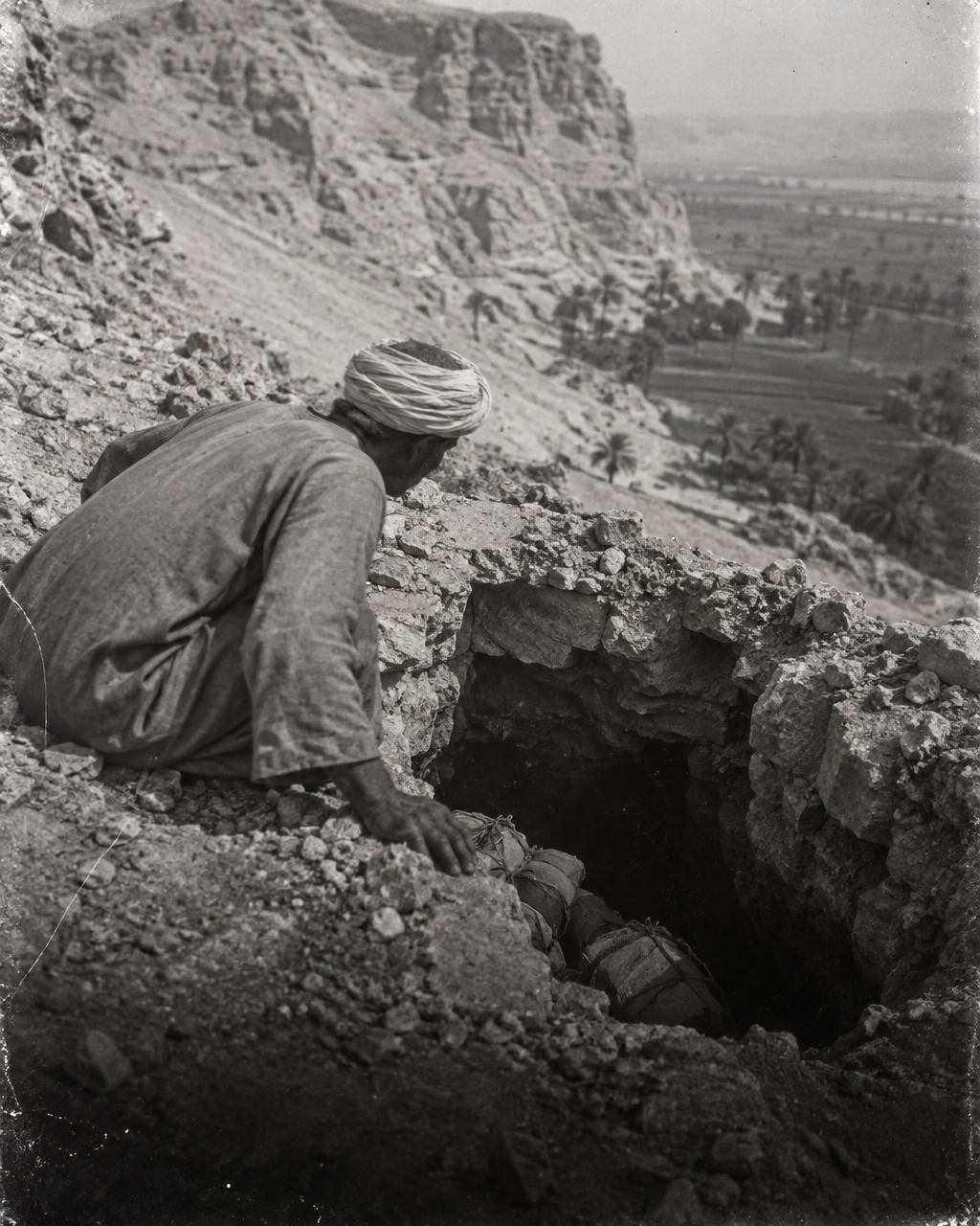 Campesino egipcio agachado al borde de un agujero derrumbado en una ladera de piedra caliza, mirando hacia el interior oscuro