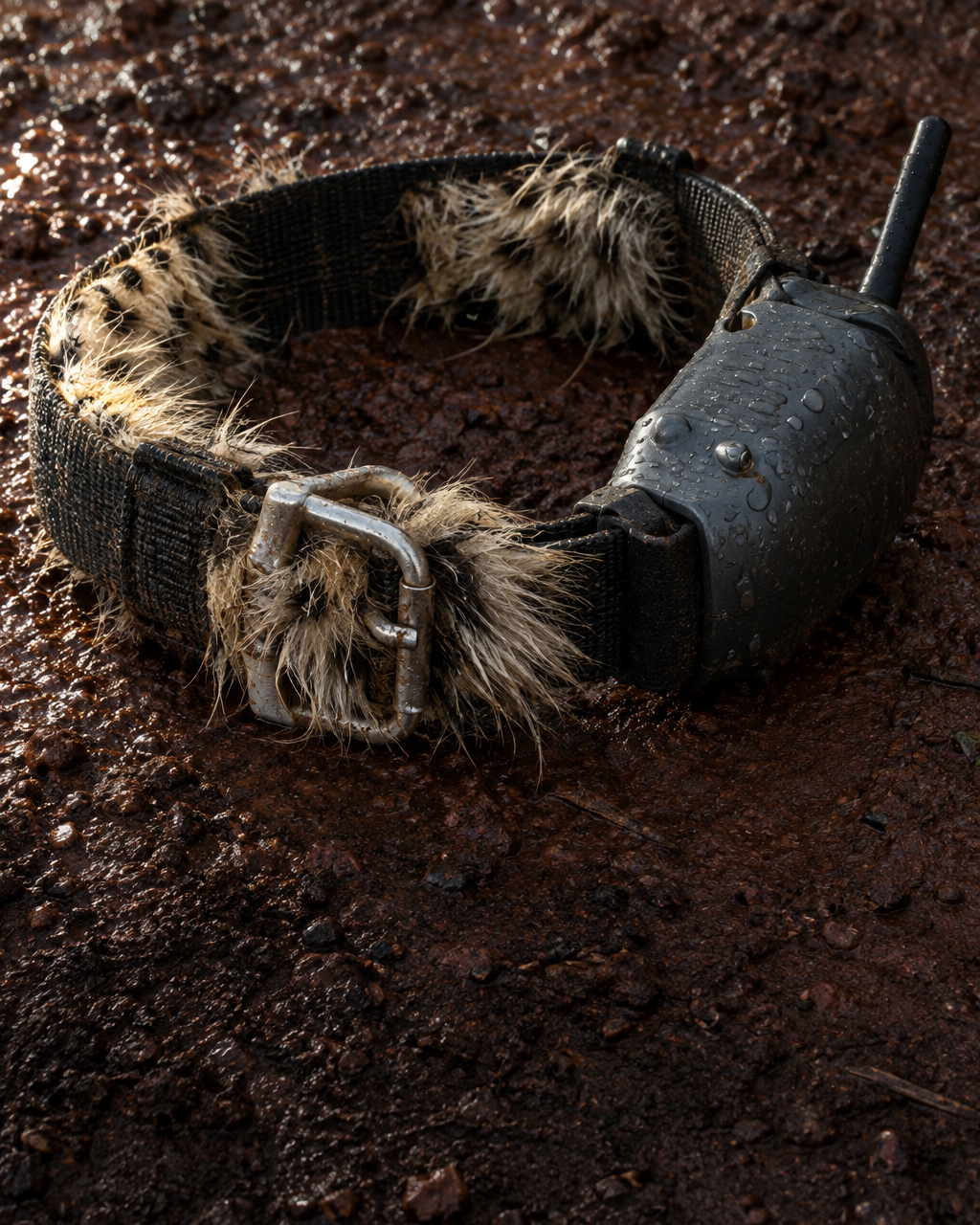 Collar de radio con correa negra, caja del transmisor y antena corta, sobre tierra roja empapada, con mechones de pelo largo y denso enredados en la hebilla