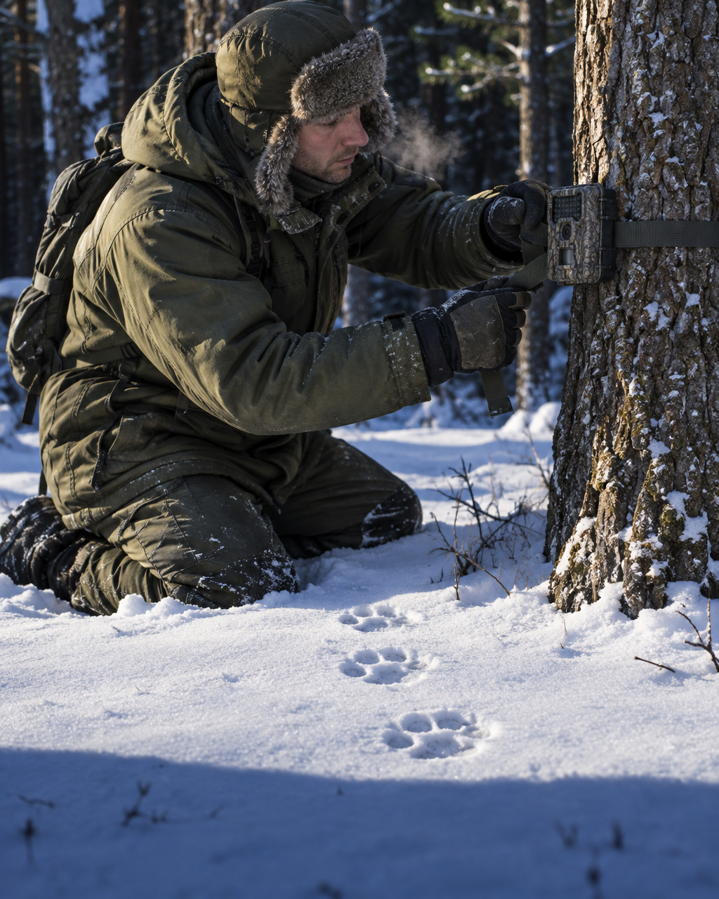 Guardaparque con parka de invierno, arrodillado en la nieve, sujeta con ambas manos una cámara trampa camuflada al tronco de un roble
