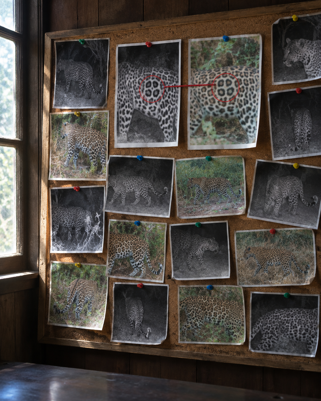 Tablero de corcho cubierto de fotos de cámaras trampa de leopardos, infrarrojas en blanco y negro y en color, con dos imágenes del mismo flanco manchado comparadas en el centro