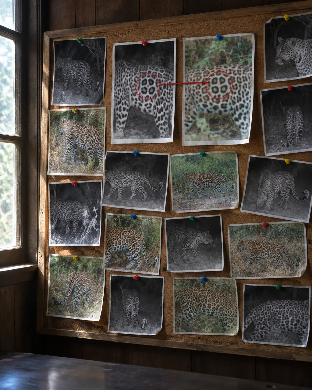 Tablero de corcho cubierto de fotos de cámaras trampa de leopardos, infrarrojas en blanco y negro y en color, con dos imágenes del mismo flanco manchado comparadas en el centro