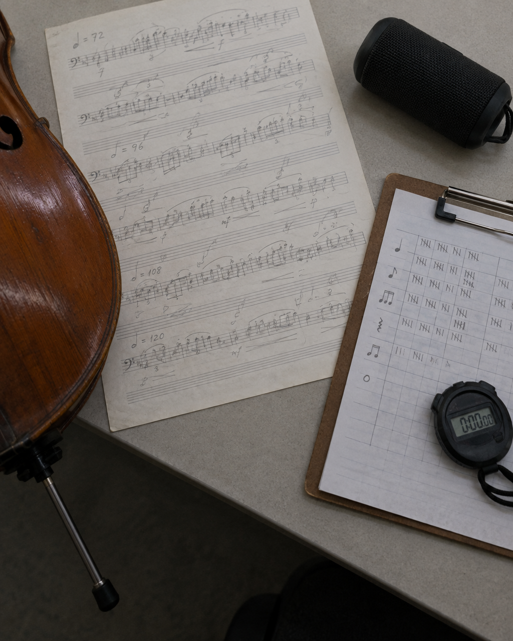 Los gatos ignoraron a Bach, pero se frotaron contra el altavoz con la música escrita para ellos 3 Partitura con anotaciones a lápiz sobre un escritorio, junto a la parte baja de un violonchelo, un altavoz portátil de lado y una tablilla con una hoja de conteo y un cronómetro