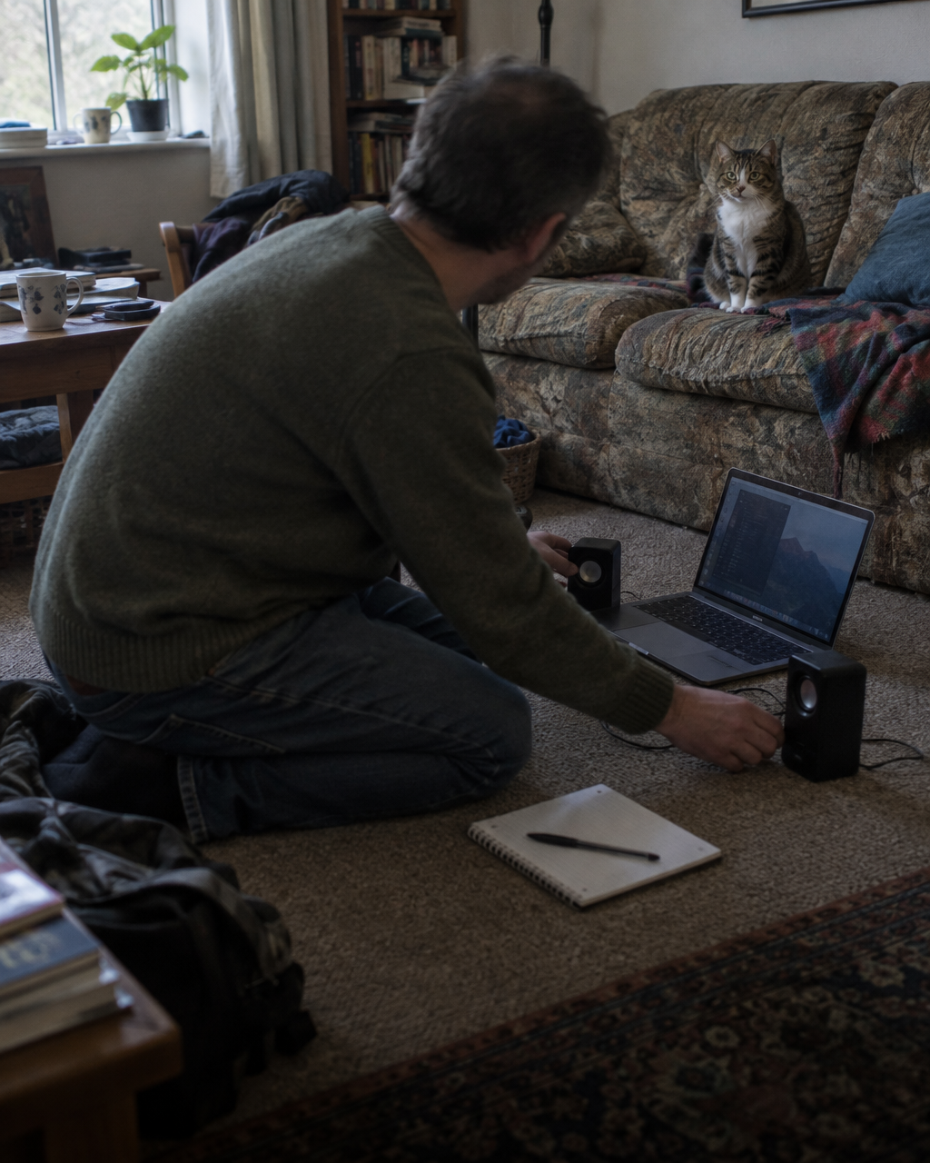 Los gatos ignoraron a Bach, pero se frotaron contra el altavoz con la música escrita para ellos 4 Un hombre de espaldas, arrodillado en la alfombra de una sala, instala dos altavoces pequeños y una computadora portátil en el suelo mientras un gato lo observa sentado en el sofá