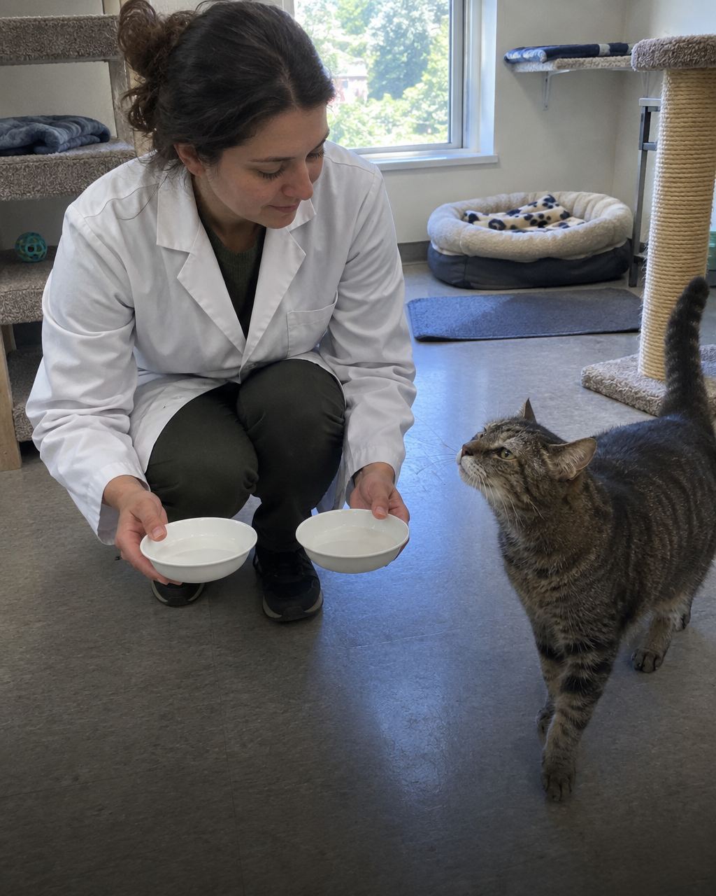 Por qué tu gato mayor huele la comida fría y se aleja sin probarla 3 Una investigadora sostiene dos cuencos idénticos a la misma altura mientras un gato de pelaje gris se acerca olfateando