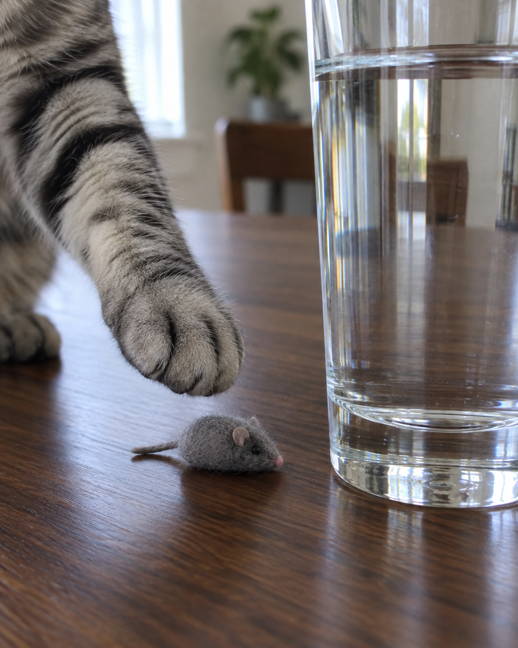 Tu gato tira el vaso mientras te mira: una cacería, una precaución y una pregunta 4 Pata delantera de un gato atigrado plateado, con las uñas guardadas, suspendida sobre un pequeño ratón de fieltro gris, junto a un vaso alto de agua sobre una mesa de nogal oscuro
