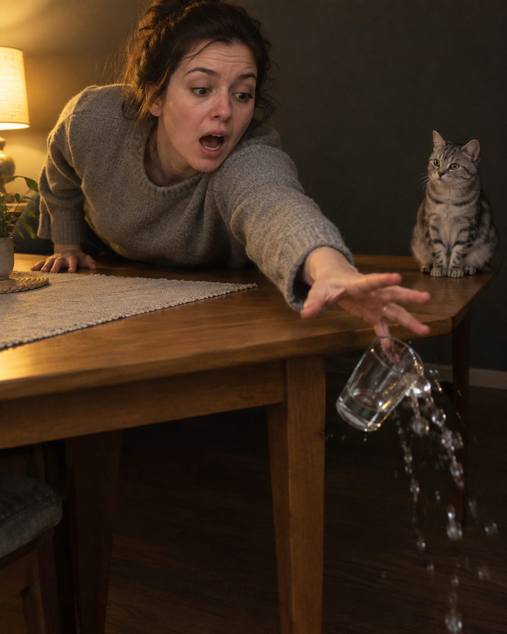 Tu gato tira el vaso mientras te mira: una cacería, una precaución y una pregunta 5 Persona adulta con suéter gris que se estira sobre una mesa de cocina, con la boca abierta, para atrapar un vaso que cae derramando agua