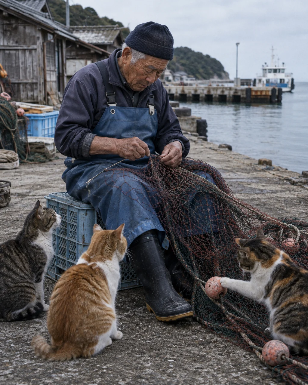 El tsunami se llevó sus aparejos y los pescadores de una isla japonesa pidieron ayuda en nombre de sus gatos 4 Pescador mayor con delantal de goma y botas, sentado sobre una caja de plástico en un pequeño puerto, remienda una red sobre sus rodillas mientras tres gatos esperan sentados a sus pies