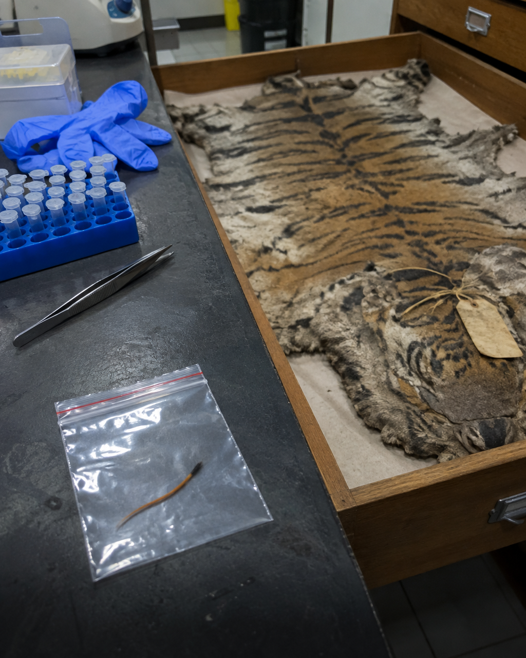 Un pelo corto anaranjado con la punta oscura, dentro de una bolsita de plástico sellada, junto a un cajón de madera abierto con una piel de tigre vieja, descolorida y aplanada, sobre una mesa de laboratorio.