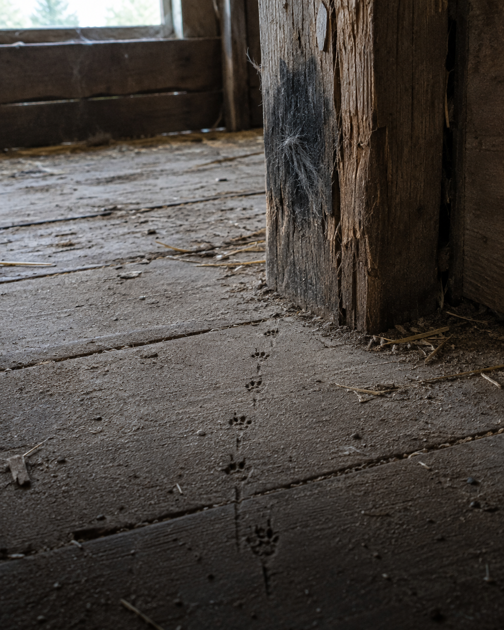 Huellas pequeñas de rata y la marca de una cola sobre el polvo de un piso de madera, en línea recta hacia la base de un poste viejo oscurecido por la marca de olor de un gato, con algunos pelos grises enganchados.