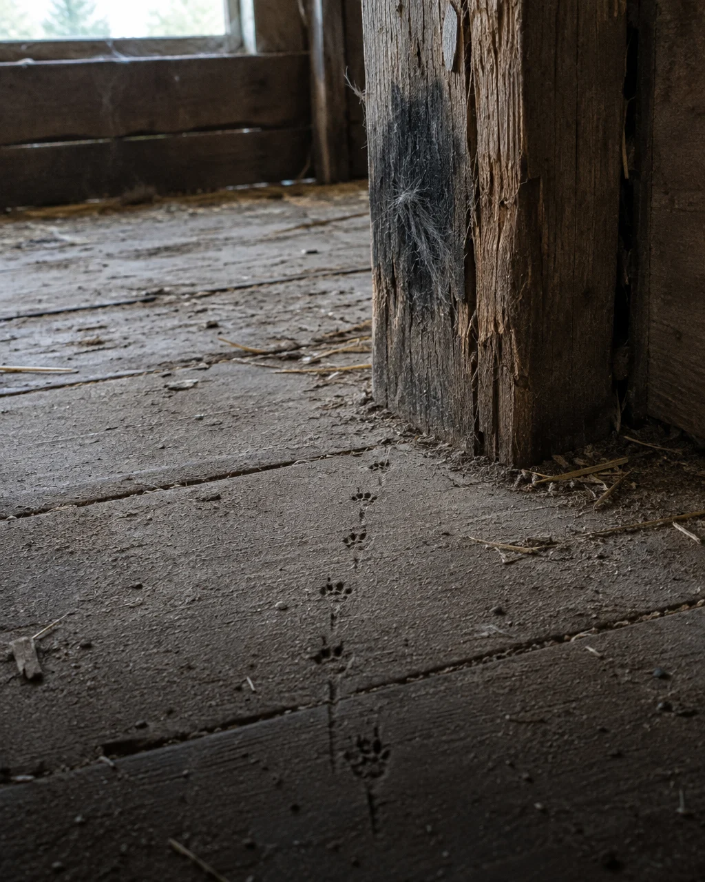 Huellas pequeñas de rata y la marca de una cola sobre el polvo de un piso de madera, en línea recta hacia la base de un poste viejo oscurecido por la marca de olor de un gato, con algunos pelos grises enganchados.