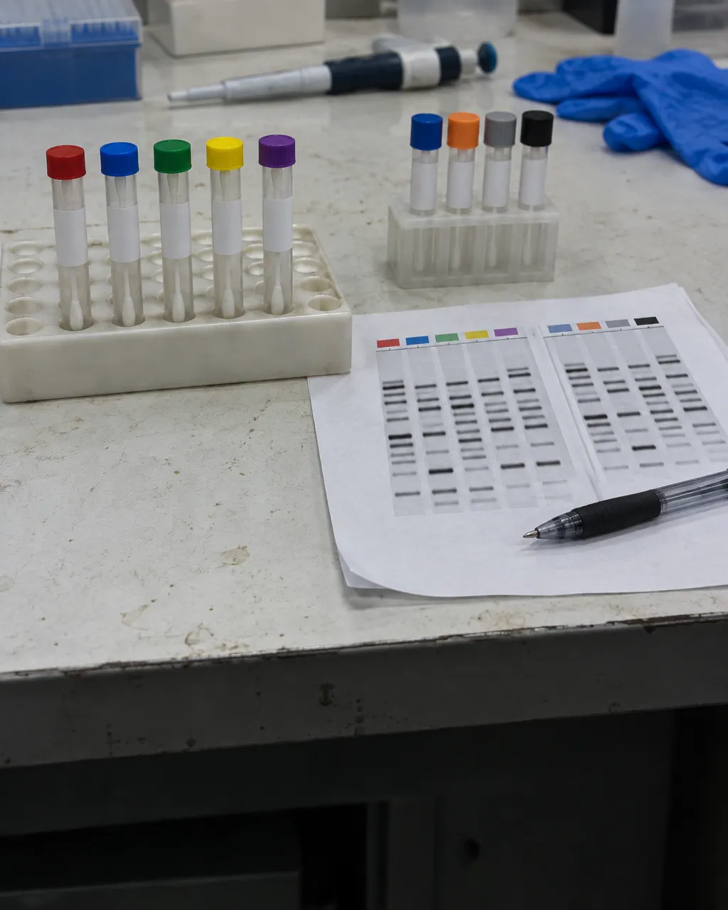 Mismo parto, mismo vientre, ¿mismo padre? Lo que el ADN reveló en las camadas de gatos de Lyon 3 Gradilla de plástico con cinco tubos de muestra con hisopos sobre una mesa de laboratorio gastada, junto a un grupo separado de tubos.