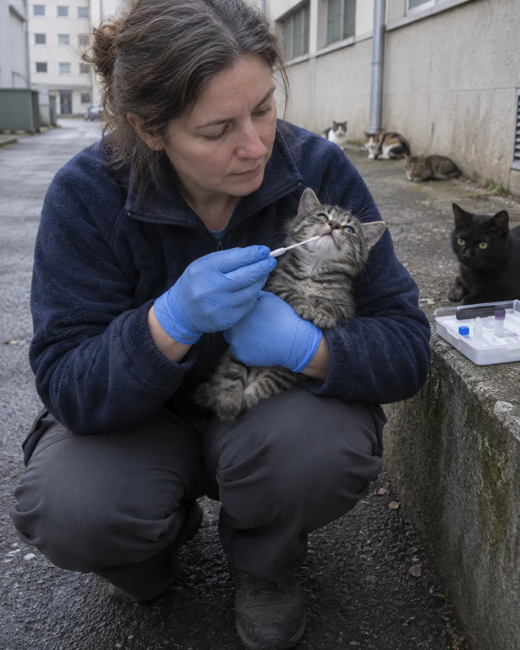 Mismo parto, mismo vientre, ¿mismo padre? Lo que el ADN reveló en las camadas de gatos de Lyon 4 Una genetista con chaqueta polar y guantes de nitrilo, agachada en una calle de servicio junto a un gran edificio de hospital, con varios gatos callejeros de pelajes distintos cerca.