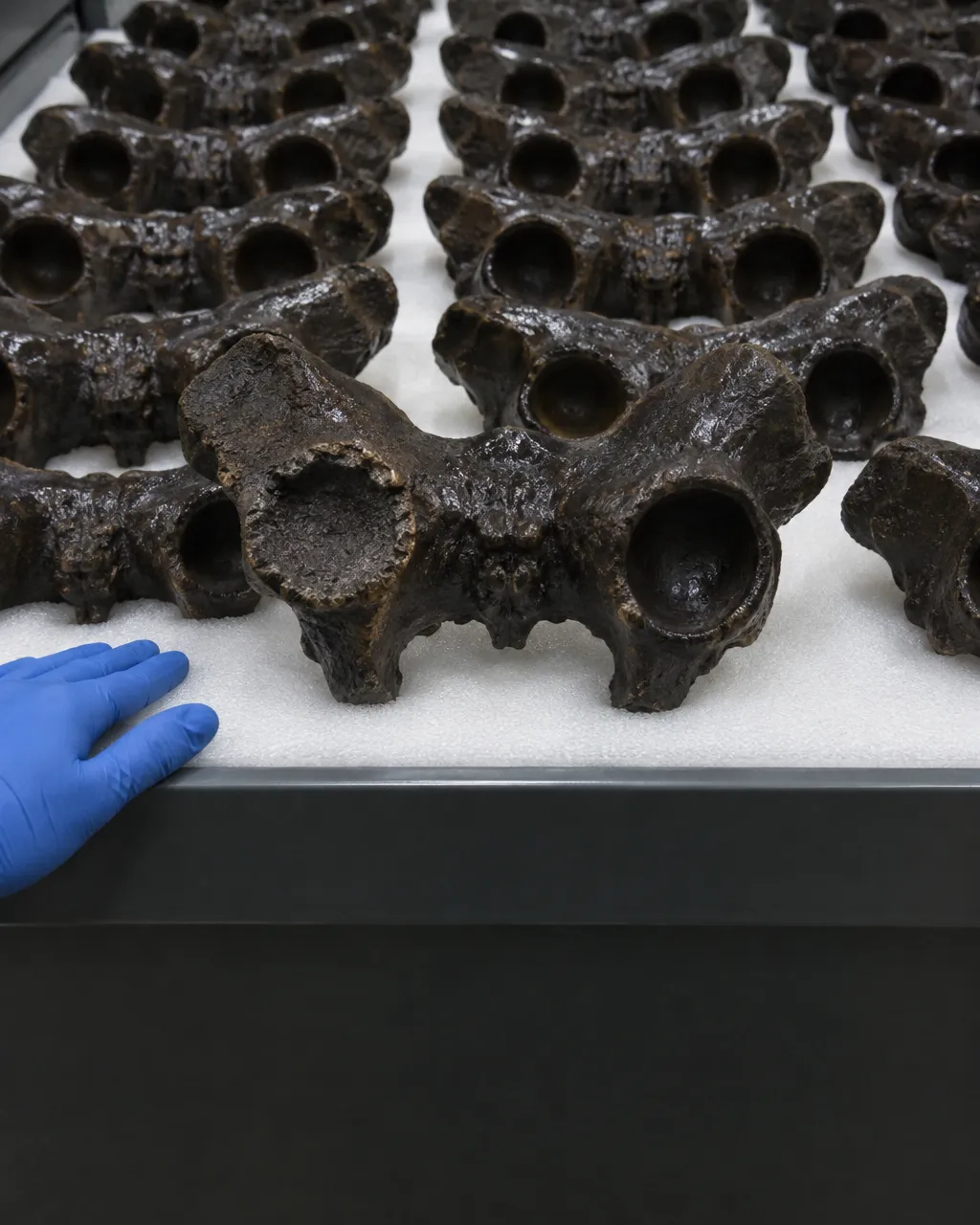 Un dientes de sable nació cojo, nunca pudo cazar bien y aun así llegó a adulto 3 Cajón metálico abierto en un depósito de museo, forrado de espuma blanca, con decenas de pelvis fósiles de dientes de sable alineadas en filas iguales y oscurecidas por la brea