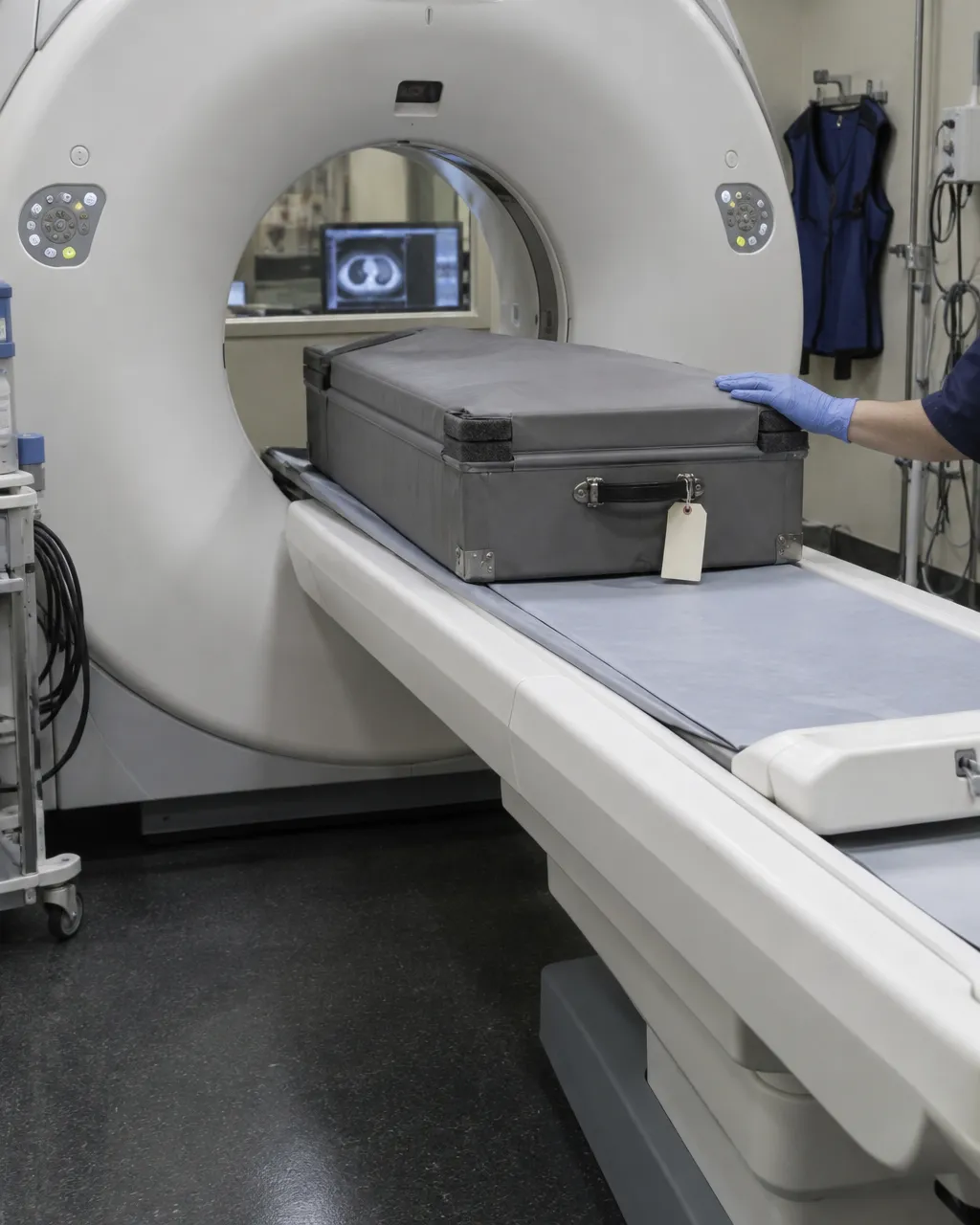 Un dientes de sable nació cojo, nunca pudo cazar bien y aun así llegó a adulto 4 Sala de tomografía de un hospital con el anillo blanco del escáner y, sobre la camilla a medio entrar, una caja gris acolchada de museo con una etiqueta de papel en blanco atada al asa