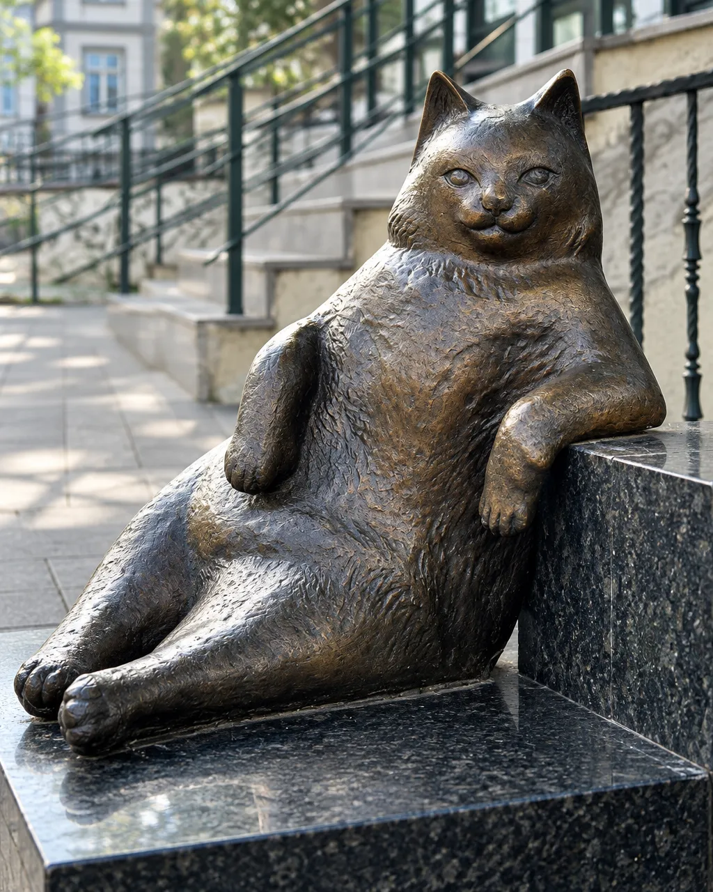 Era un gato callejero de Estambul y 17.000 personas firmaron para darle una estatua 6 Estatua de bronce oscuro de un gato rechoncho recostado de lado, con la textura del pelaje marcada en el metal