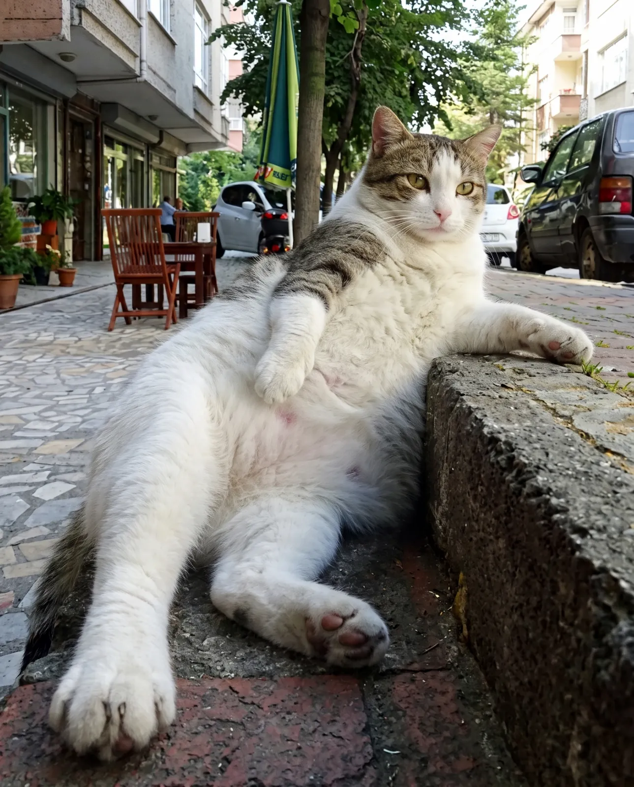 Era un gato callejero de Estambul y 17.000 personas firmaron para darle una estatua 3 Estatua de bronce de un gato regordete recostado contra el escalón de entrada de un edificio antiguo, en una calle residencial estrecha