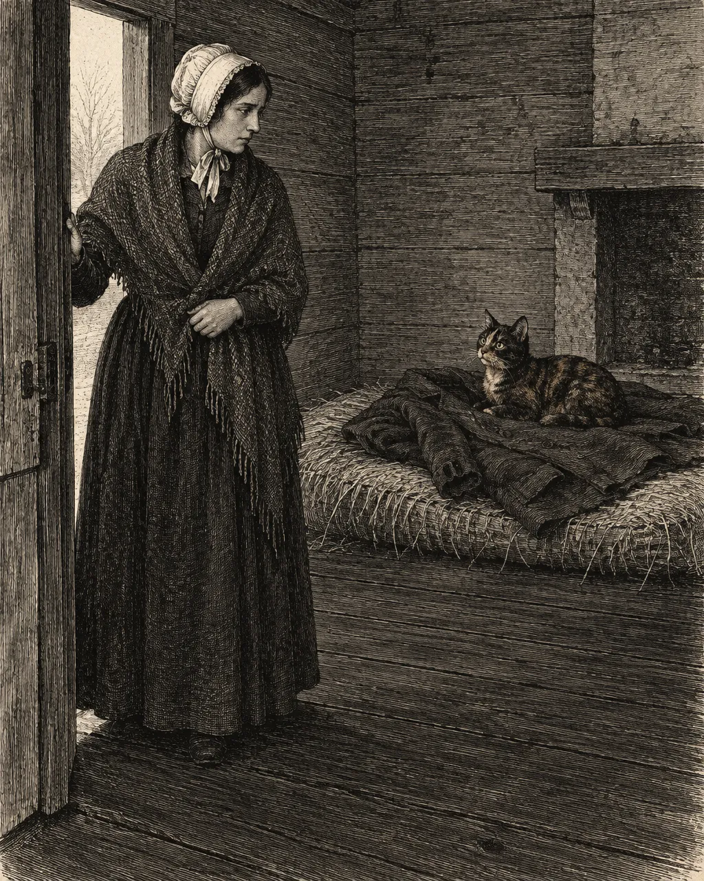 El autor de «El gato negro» vivía con una gata carey que daba calor a su esposa enferma 4 Grabado de una mujer con cofia, chal y vestido largo oscuro, de pie en el umbral de un cuarto de madera desnudo, con una mano todavía en la puerta
