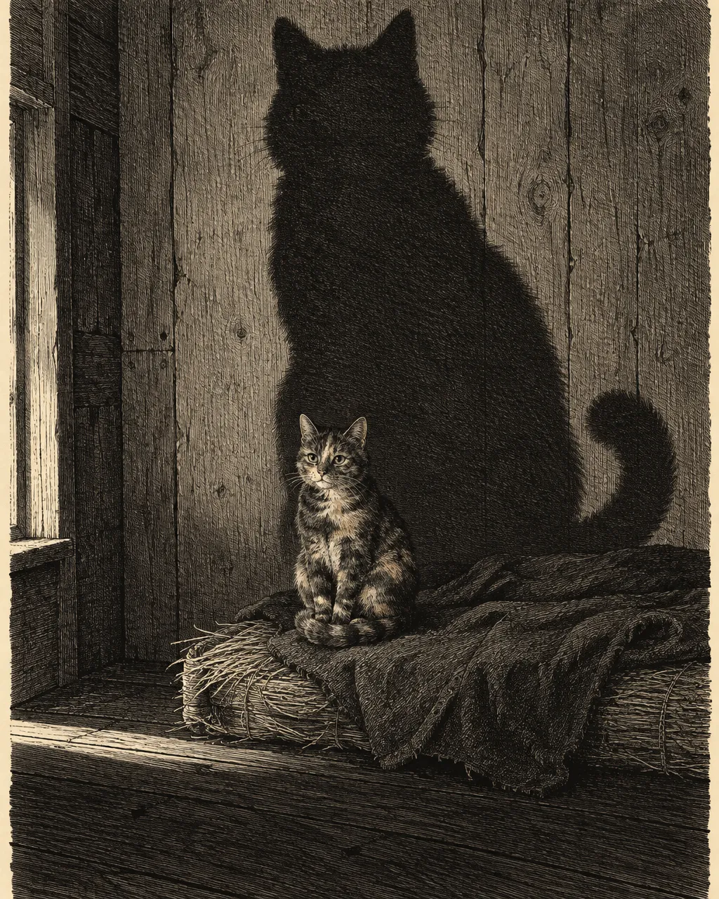 El autor de «El gato negro» vivía con una gata carey que daba calor a su esposa enferma 5 Grabado de un cuarto de madera pobre y desnudo, atravesado por un haz de luz baja que entra a ras del suelo, con una gata carey en la parte baja de la escena
