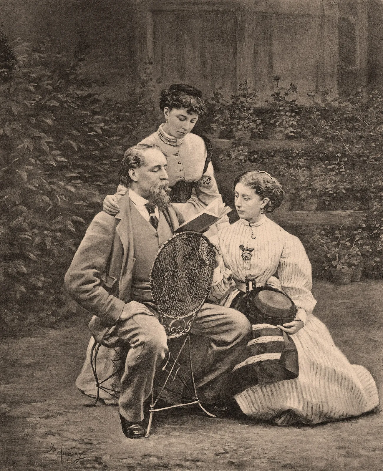 Fotografía de época de Charles Dickens con dos de sus hijas