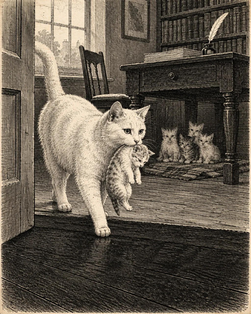 Grabado al estilo de un periódico ilustrado del siglo XIX: un estudio victoriano a plena luz del día, con una gata blanca y sus gatitos junto al escritorio