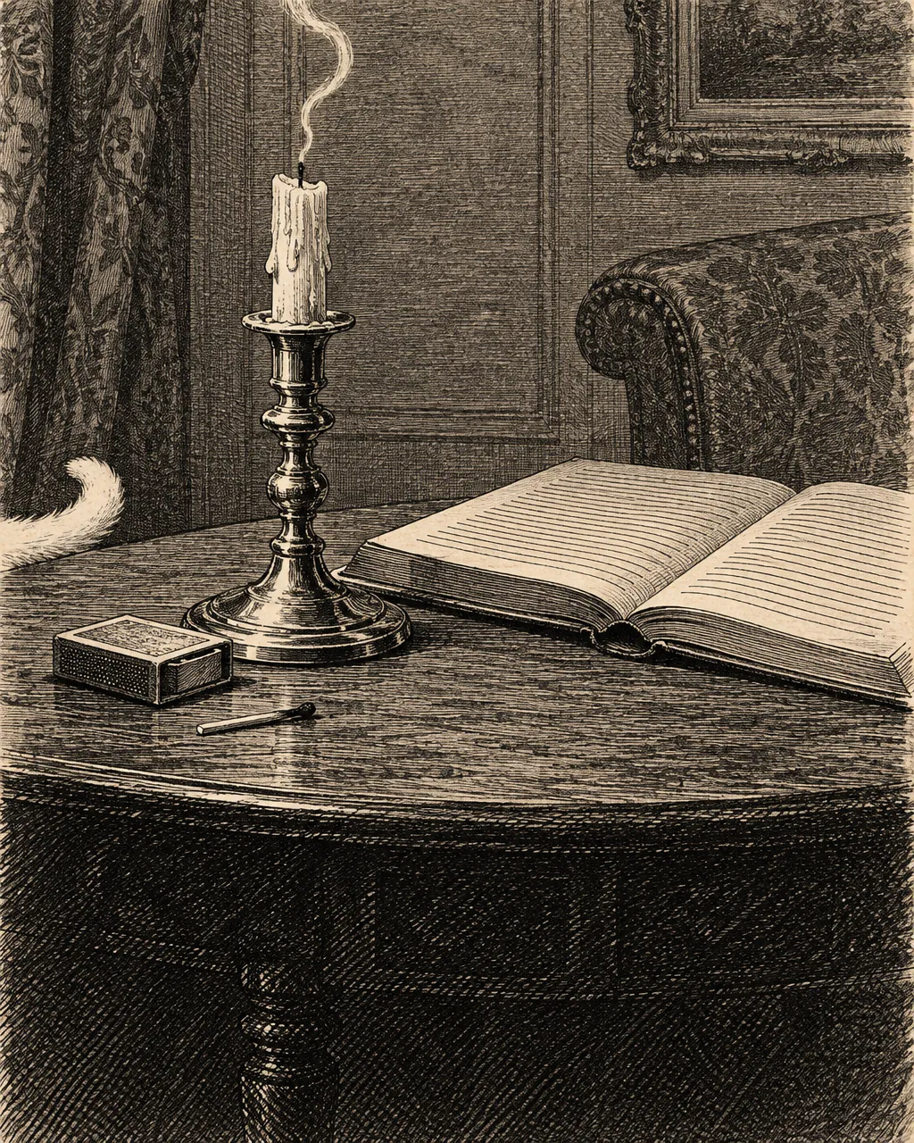 Grabado al estilo del siglo XIX de un candelero de latón con una vela sobre la mesita de un salón victoriano