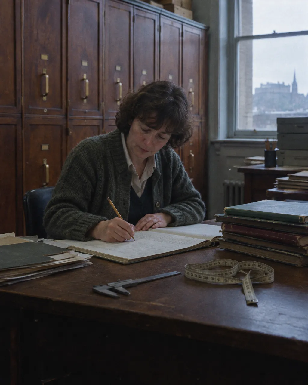 La «bestia negra» de Escocia era real y llevaba los genes de tu gato 4 Conservador de museo con chaqueta de lana escribe a lápiz en un libro de registro sobre un escritorio de madera, junto a un calibrador metálico y una cinta métrica