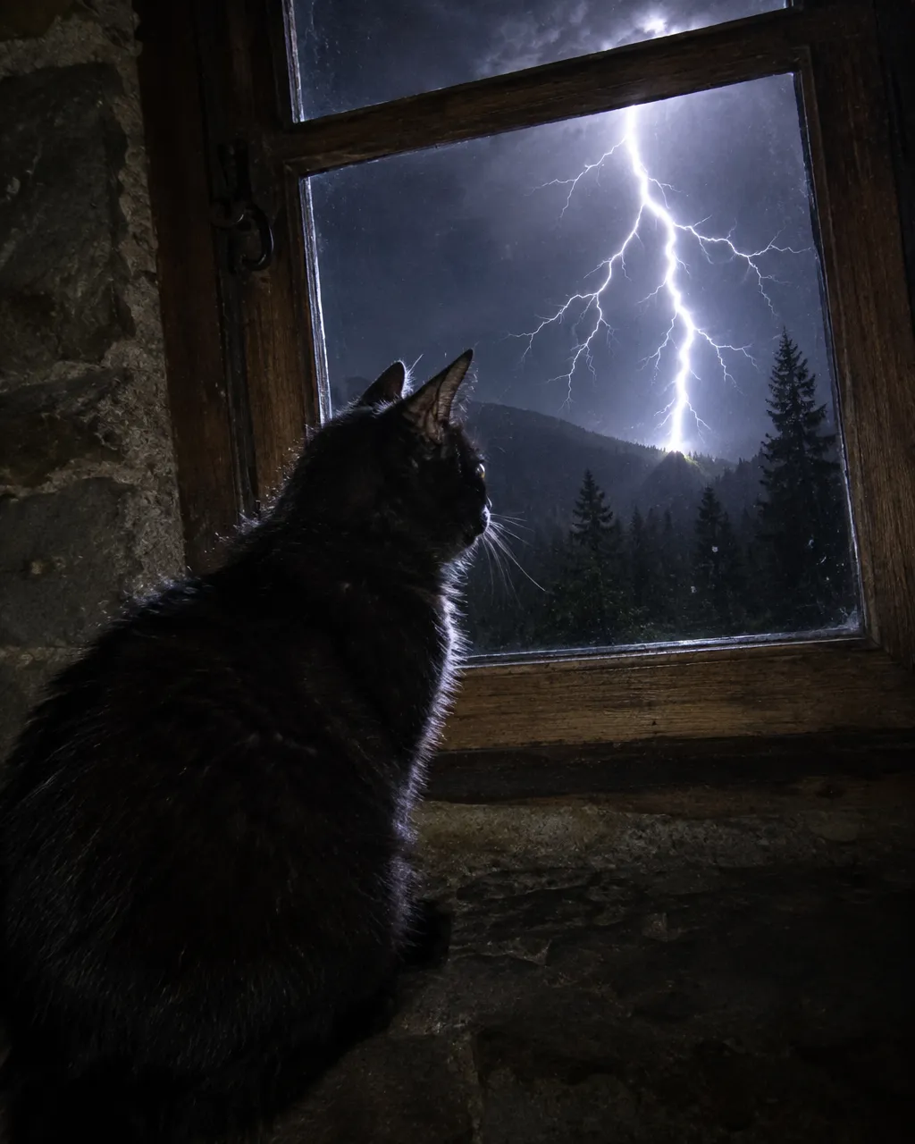 La noche en que el gato de Nikola Tesla se volvió «una lámina de luz» 4 Gato negro sentado de noche en el alféizar de piedra de una casa rústica de montaña, con las orejas erguidas y la cabeza vuelta hacia el vidrio