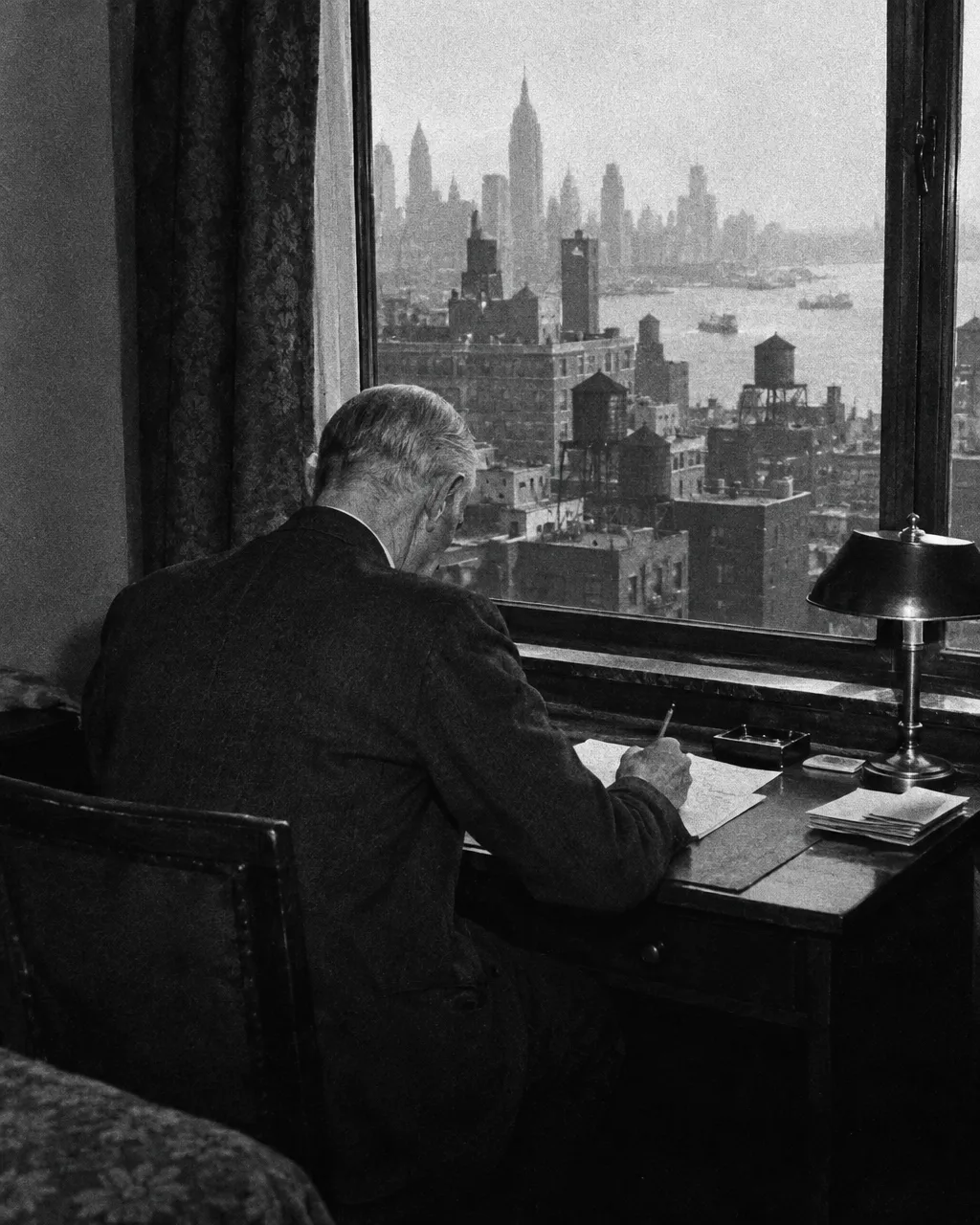 La noche en que el gato de Nikola Tesla se volvió «una lámina de luz» 5 Fotografía en blanco y negro de un hombre mayor de traje oscuro, visto de espaldas, que escribe una carta en un escritorio junto a la ventana de un hotel, con tejados y tanques de agua de Manhattan al fondo