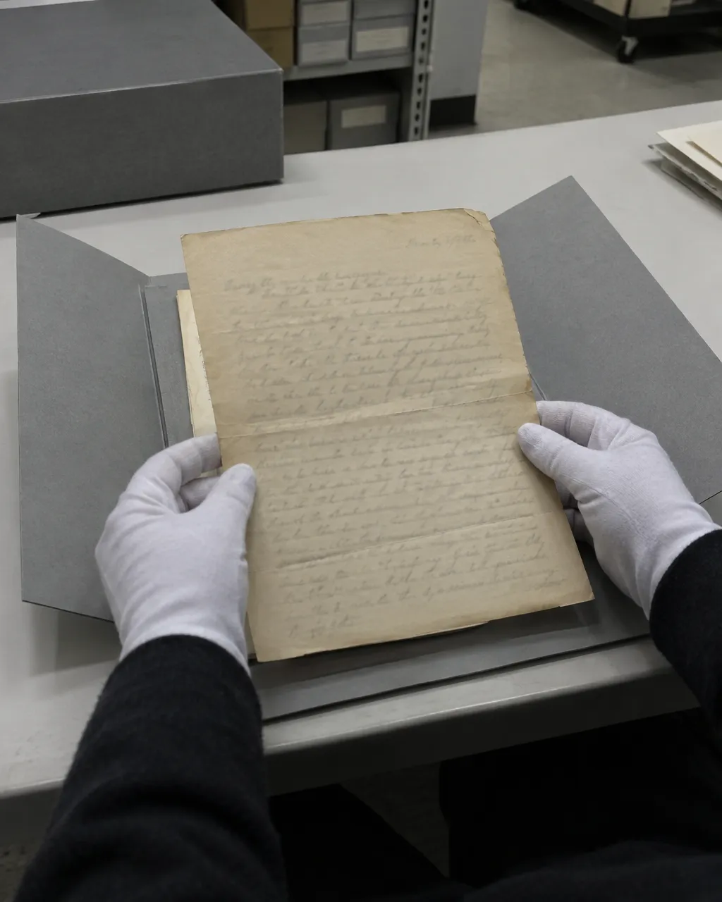 La noche en que el gato de Nikola Tesla se volvió «una lámina de luz» 6 Manos con guantes de archivista sostienen una hoja amarillenta escrita a mano sobre una carpeta gris abierta
