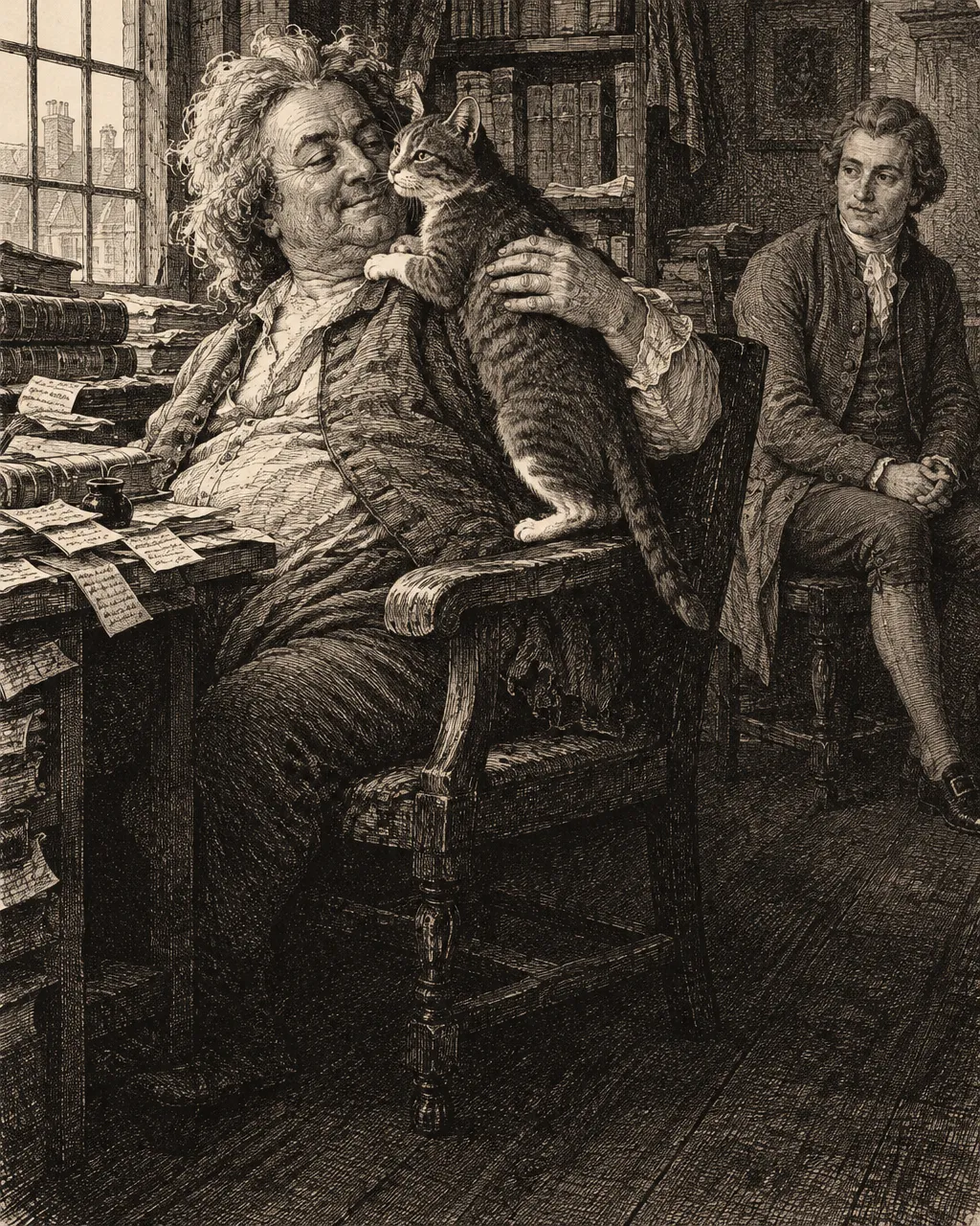 Grabado en tinta de un estudio londinense del siglo XVIII con escritorios cubiertos de folios y papeletas manuscritas, y un erudito recostado en una silla gastada