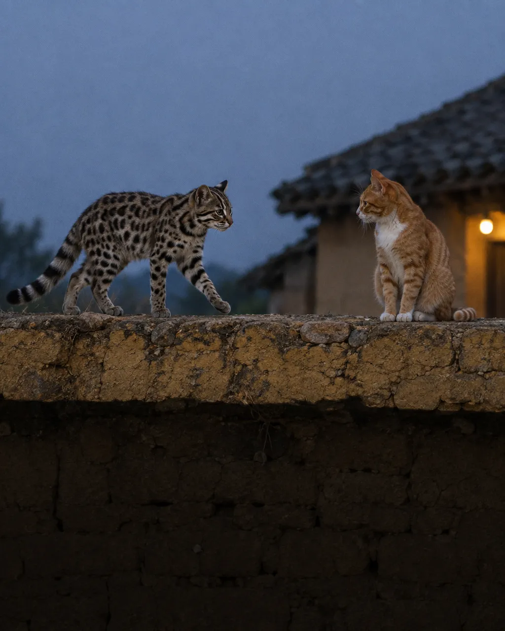 Antes de tu gato, China convivió 3.500 años con otro felino 4 Dos pequeños felinos casi del mismo tamaño sobre un viejo muro de adobe amarillo al atardecer, en una aldea rural; a la izquierda, un gato leopardo con manchas, cabeza redonda y orejas grandes y redondeadas.