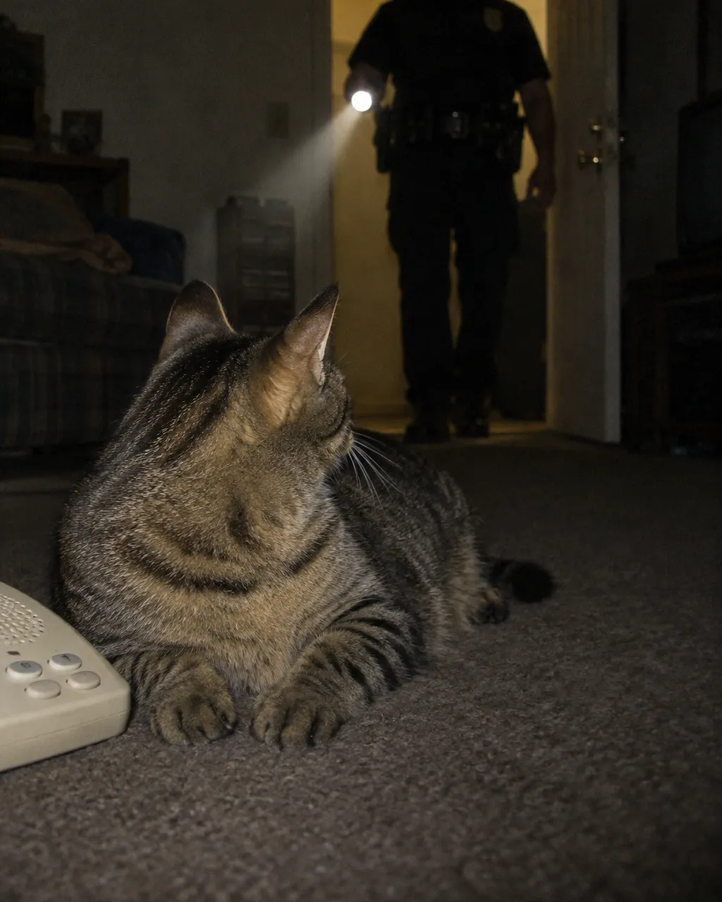 Un hombre no podía levantarse, y el rastro de la llamada a emergencias terminó en su gato 2 Sala de un apartamento de noche, vista desde la alfombra a ras del suelo, con un teléfono de casa en primer plano iluminado por un flash
