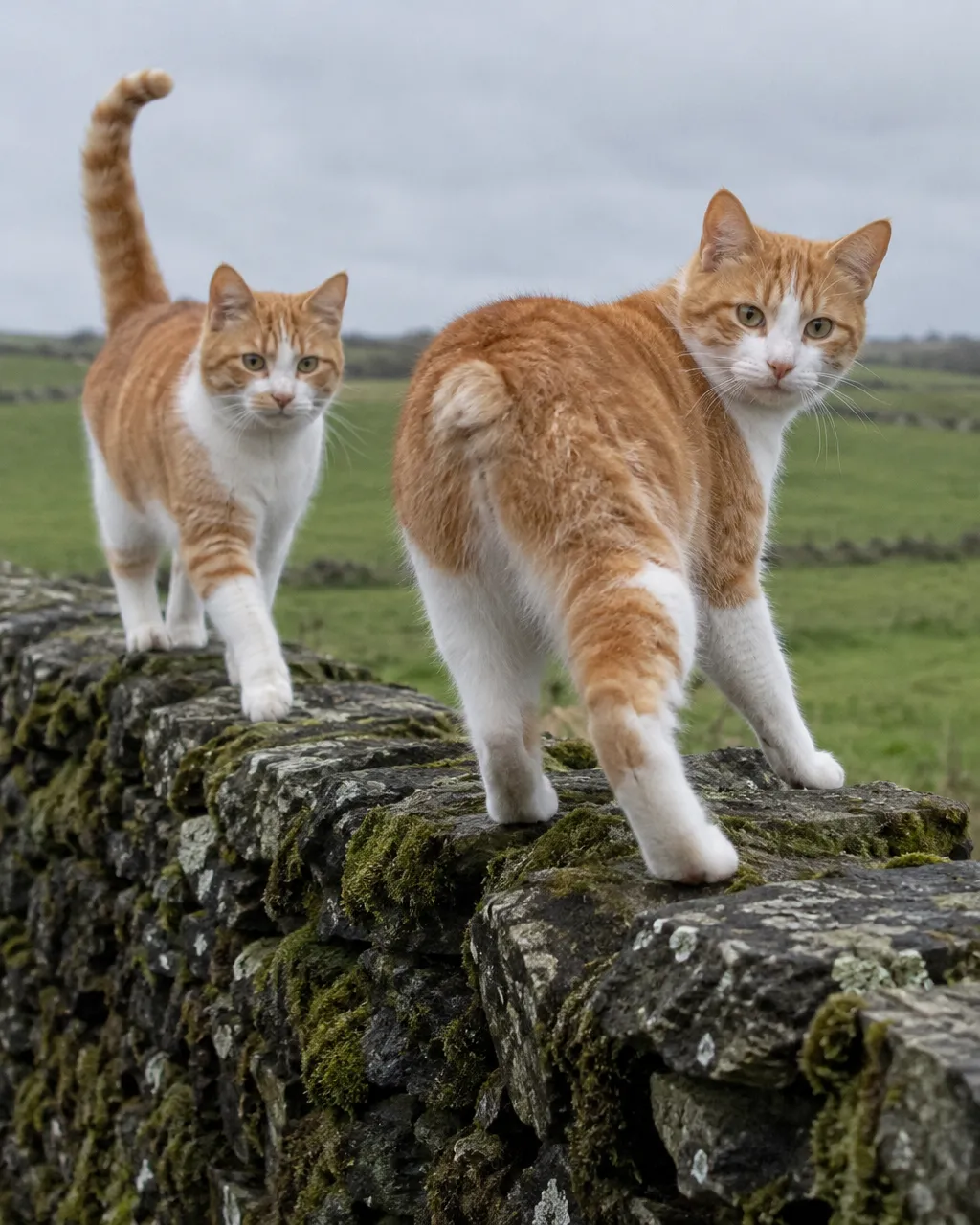 El gato sin cola de la isla de Man guarda un gen que no perdona dos copias 3 Dos gatos adultos atigrados naranja y blanco caminan sobre un viejo muro de piedra seca; en primer plano, uno sin cola deja ver su grupa redondeada.